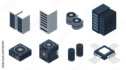 Isometric icons of various server and computer components, including server racks, cooling fans, hard drives, and a central processing unit (CPU) chip for data center and IT infrastructure.