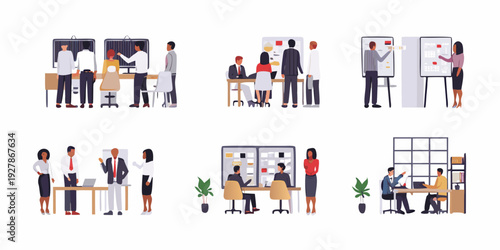 Diverse business professionals collaborating in modern office environments and meetings