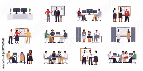 Diverse group of people collaborating in various modern office settings