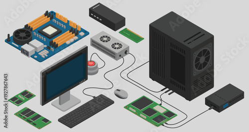 Isometric illustration of a computer system setup, featuring a desktop PC, monitor, keyboard, mouse, motherboard, RAM modules, and external storage devices connected together.