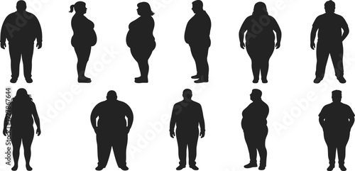 Overweight and obese men and women silhouettes set isolated on white background, plus size body shapes vector collection for health and medical concept