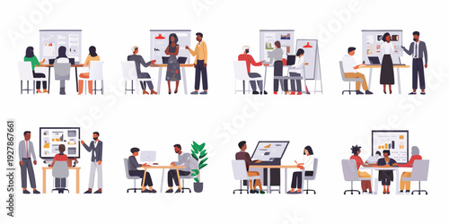 Diverse group of professionals collaborating in modern office environments