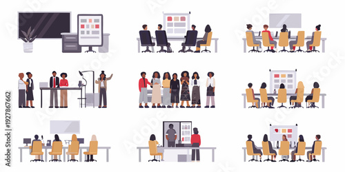 Diverse group of people participating in various business meeting scenarios