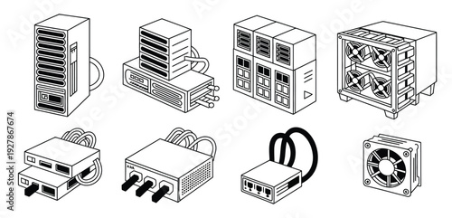 Collection of isometric line art illustrations of various computer servers, network equipment, and cooling fans, representing data centers and IT infrastructure.