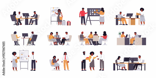 Diverse group of people collaborating in various office work settings