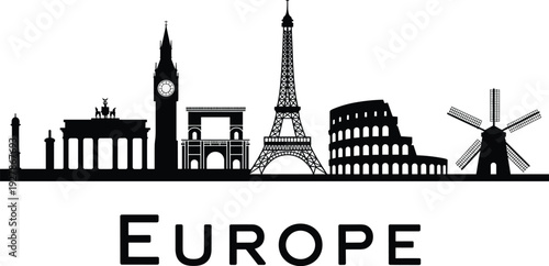 Europe Skyline Vector Silhouette Featuring Iconic Landmarks Brandenburg Gate Big Ben Arc de Triomphe Eiffel Tower Colosseum and Traditional Windmill on White Background for Travel Design