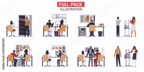 Illustration of diverse office workers in various professional settings