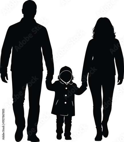 Silhouette of a happy family with father mother and small child walking together holding hands, representing parenthood love and togetherness,