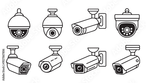 Outline cctv camera icon set for security surveillance and modern monitoring systems