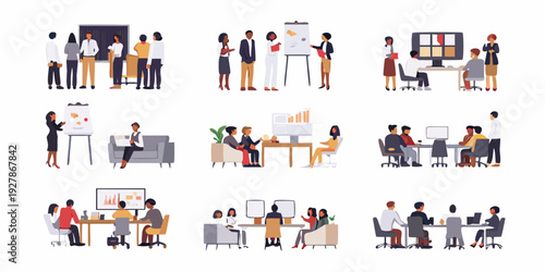 Diverse group of people collaborating in various office meeting settings