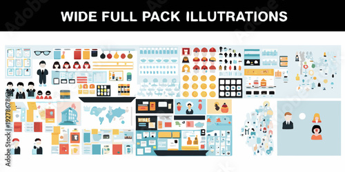 A collection of colorful flat vector illustrations arranged in a wide pack