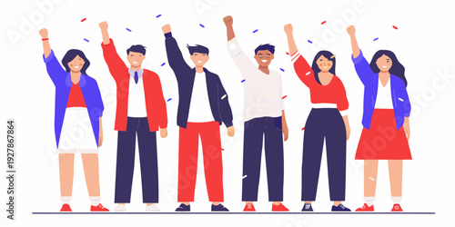 Diverse group of people celebrating with raised arms and confetti