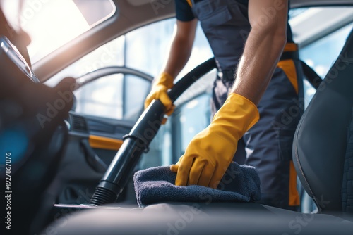 Professional car detailing and vacuuming service scene