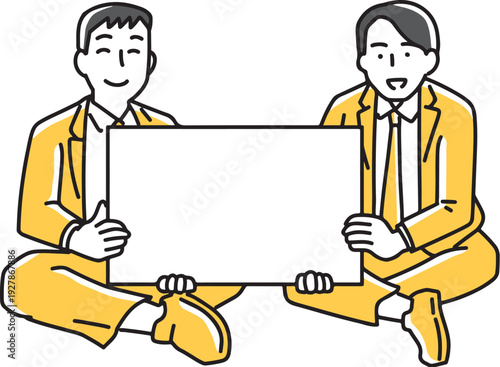 ボードを持って案内する2人のビジネスマン