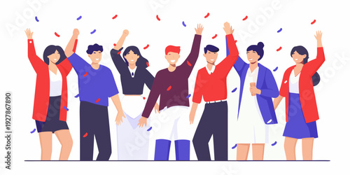 A diverse group of people celebrate with arms raised and confetti falling