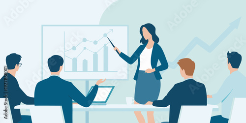 Businesswoman presenting data analysis to a team in a modern meeting