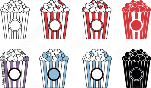 Popcorn Bucket Icon Set in Multiple Colors and Styles Featuring Cinema Snack Containers for Movie Theater, Entertainment, Food Packaging, and Festival Design Uses