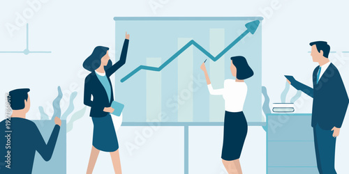 Business professionals discussing positive growth trends during a presentation