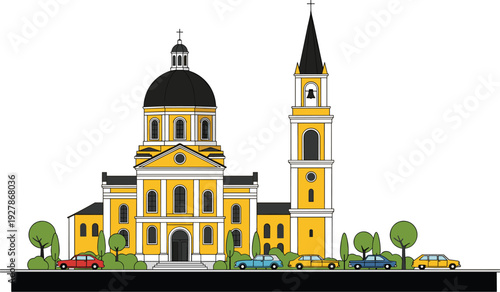 Flat Vector Illustration of a Yellow Neoclassical Church with a Large Black Dome Bell Tower and Vintage Cars Parked in Front Isolated on White (25 words)
