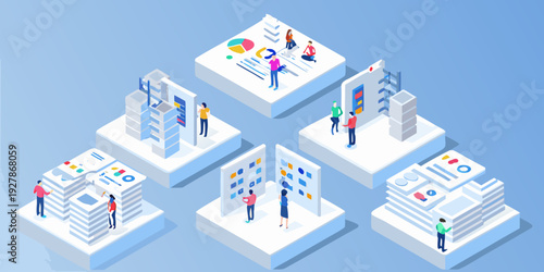 Isometric illustration of data analysis business strategy and digital transformation