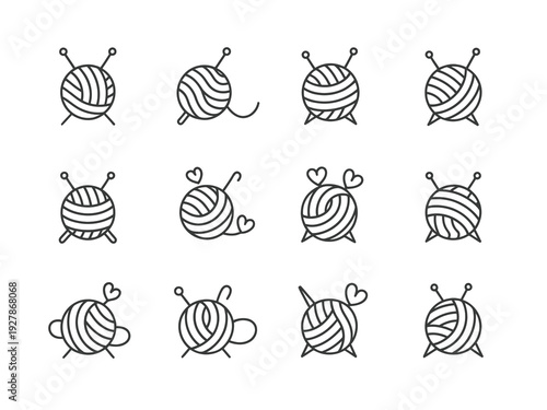 Yarn ball with crochet hook icon, showcasing black line vector illustration, suitable for craft branding, crochet tutorials, and hobby graphics.