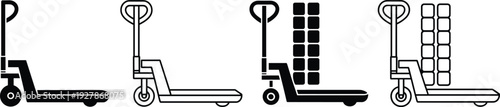 Black And White Icon Set Of Manual Pallet Jacks Featuring Empty And Loaded Versions For Warehouse Logistics Inventory Management And Industrial Shipping