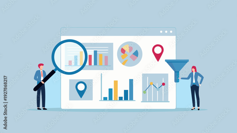 Fototapeta premium Data analysis and business intelligence visualized with miniature figures