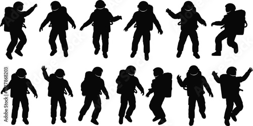  Black silhouette of astronauts set, vector collection of spaceman figures in different poses, floating people in space suits, isolated on white.