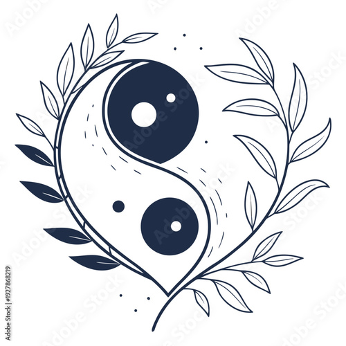 A yin and yang symbol surrounded by leaves