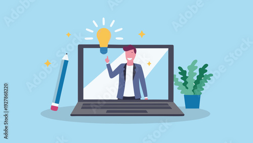 A man presenting an idea from within a laptop screen display