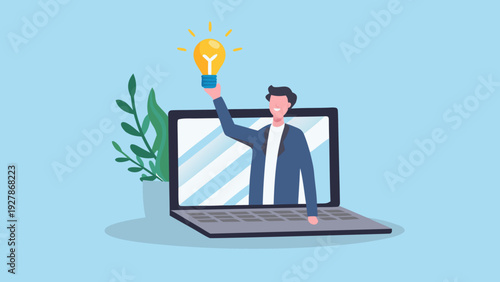 A man presenting a glowing lightbulb emerging from a laptop screen