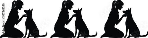 Silhouette of a young woman kneeling and petting her dog showing friendship and love isolated on white background for pets