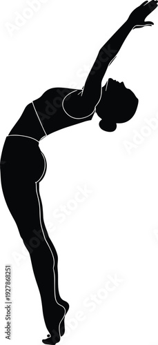 Silhouette of a young female rhythmic gymnast performing a graceful backbend pose on tiptoes isolated on white background for sports design