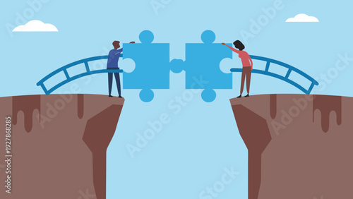 Two people connect puzzle pieces forming a bridge over a deep chasm
