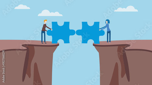 Two people connect puzzle pieces over a large gap symbolizing collaboration