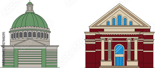 Flat Vector Illustration of a Yellow Neoclassical Church with a Large Black Dome Bell Tower and Vintage Cars Parked in Front Isolated on White (25 words)