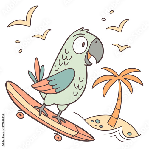 Cute SVG of a Surprised Parrot in Ocean Breeze colors, featuring riding a skateboard in a Beach day setting
