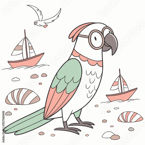 A Funny Parrot with wearing glasses in a Beach day theme – Ocean Breeze palette SVG illustration