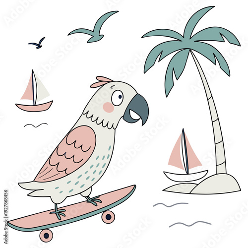 Cute Gentle Parrot, accessorized with riding a skateboard, in a Beach day world – Ocean Breeze palette vector