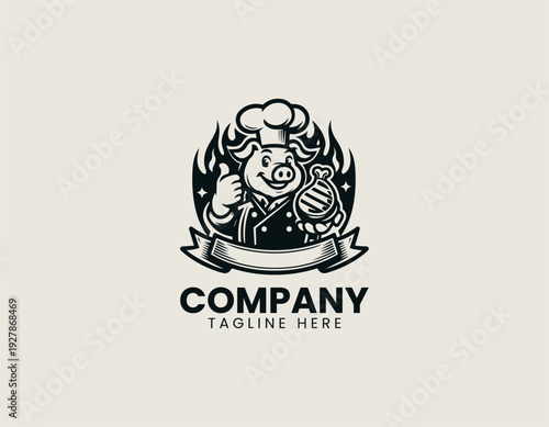 Smiling pig chef holding grilled steak with flames black vector logo illustration isolated on white background