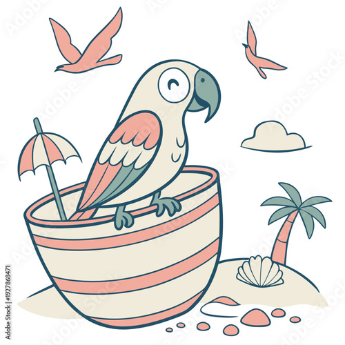 Peaceful expression on a Parrot in a Beach day theme, with in a teacup – Ocean Breeze vector art