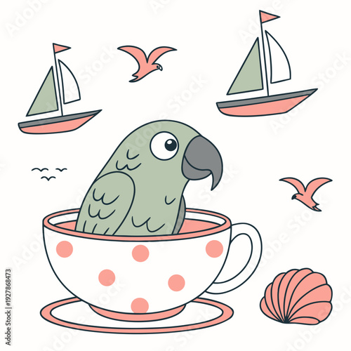 Playful Mischievous Parrot design, styled with sitting in a teacup ride and Ocean Breeze shades in a Beach day setting