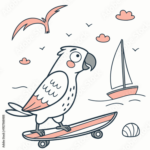 Creative SVG: Curious Parrot with riding a skateboard in a Ocean Breeze colored Beach day theme