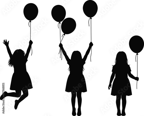 Silhouette of happy little girls jumping and playing with balloons isolated on white background for birthday party and childhood celebration