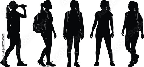 Silhouette Set of Young Woman with Backpack Standing, Walking, and Drinking Water, Student or Hiker Female Character Vector Design. (20 words)