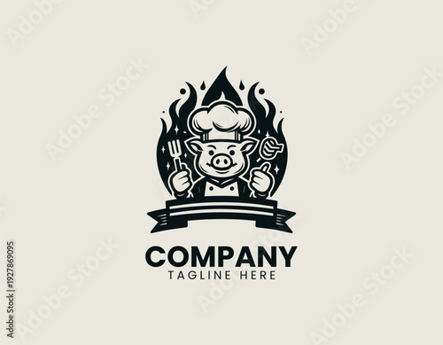Smiling pig chef holding grilled steak with flames black vector logo illustration isolated on white background