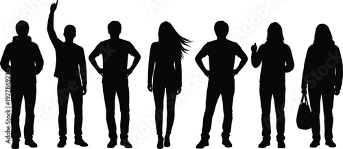 Silhouettes of diverse men and women standing in a row, featuring casual poses, hands on hips, and victory gestures for community,