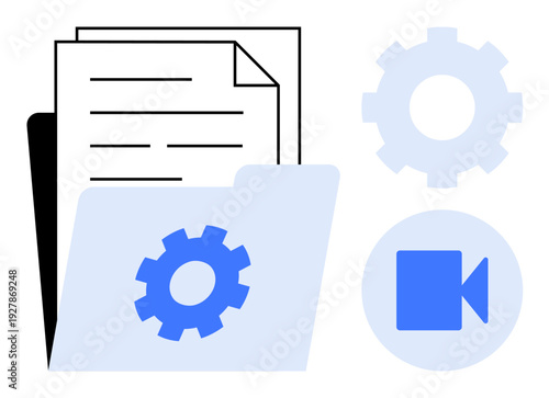 File organization, multimedia tools, settings adjustments, data management, technology, content sharing. Folder with documents, gear icons video symbol. File organization and multimedia tools