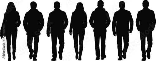 Silhouettes of diverse men and women walking forward together in casual autumn jackets and winter clothing, representing community, teamwork, and lifestyle