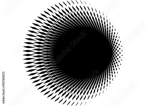 Round black vector pattern with abstract lines on a white background. Modern design element. Vector background. Place for text. Frame. Label, sticker. Mandala, sun, disk. Abstract flower. Hole